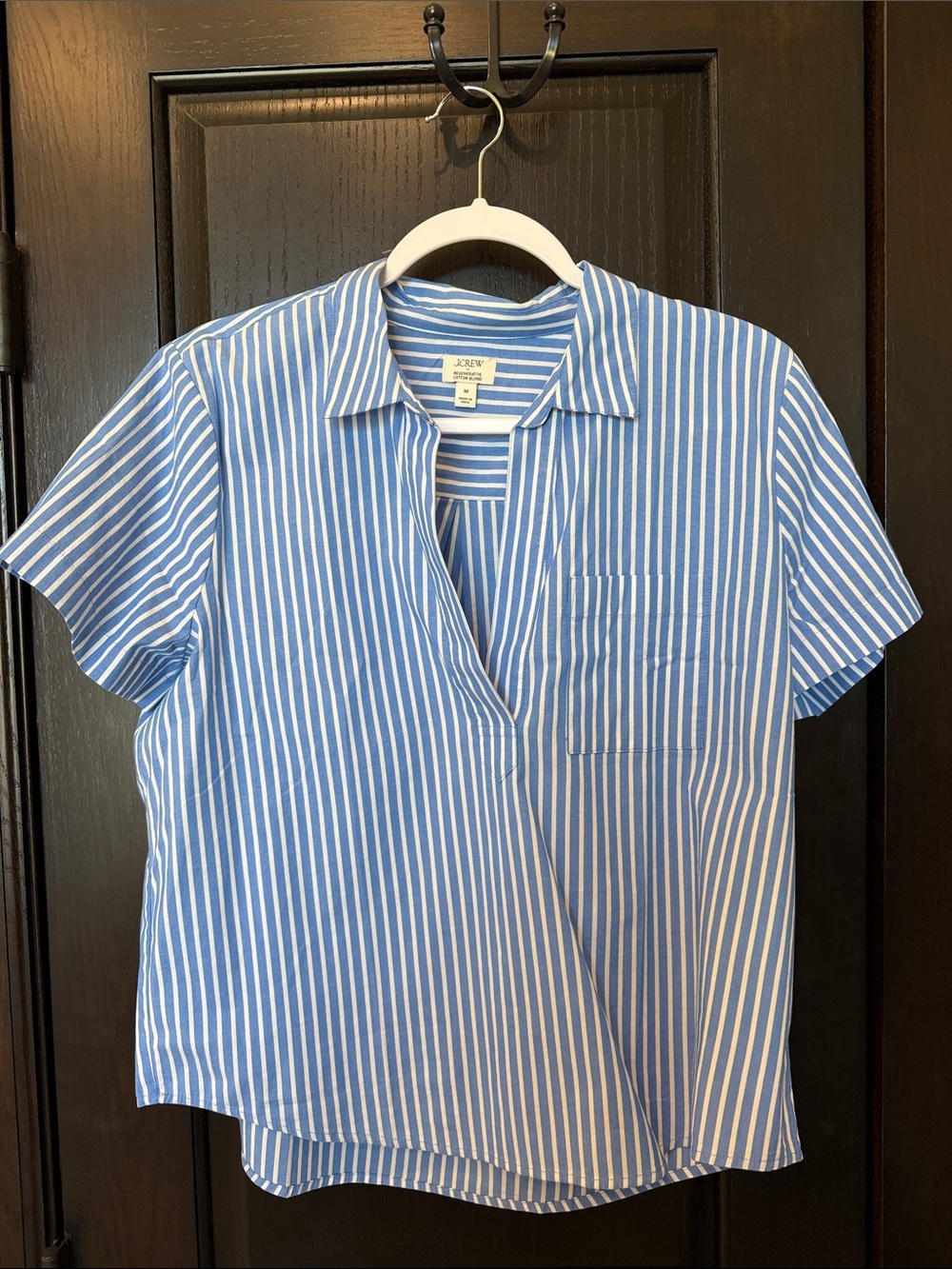 J. Crew Blue and White Vertical Stripe Short-Sleeve Shirt. Size medium.
